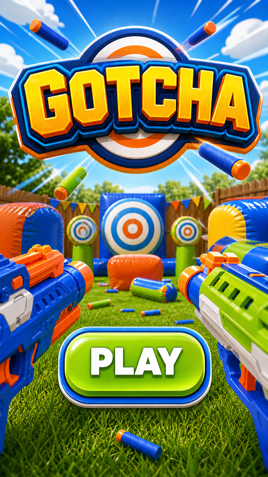 Gotcha title screen with foam blasters and targets